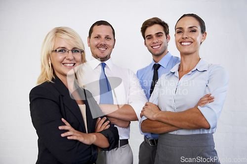 Image of Portrait, happy people and team with arms crossed in white background, isolated studio and professional collaboration. Group of business employees smile for corporate teamwork, pride and confidence