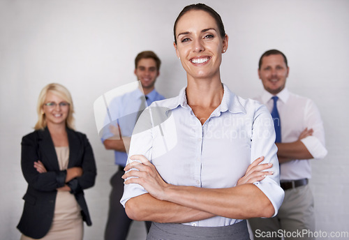Image of Portrait, happy woman and leadership of team, white background and isolated studio for professional business. Female manager, arms crossed and confident smile in corporate management, pride and trust