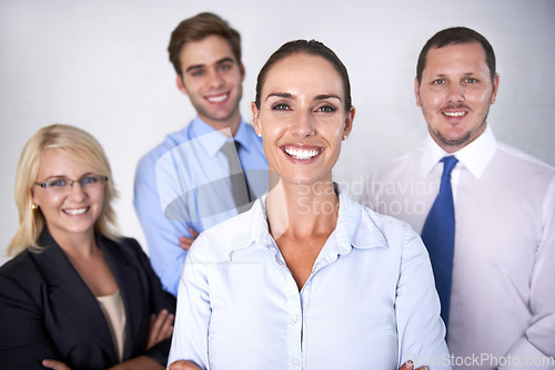 Image of Portrait, happy woman and leadership of team, white background and isolated studio for professional business. Female manager, smile and confidence for corporate management, pride and trust about us