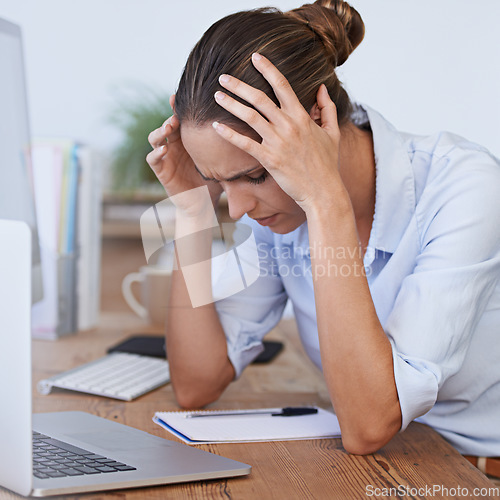 Image of Headache, stress and confused woman in office with anxiety, tax crisis and laptop problem. Tired, burnout and frustrated female employee depressed with fatigue, pain and worried for business mistake