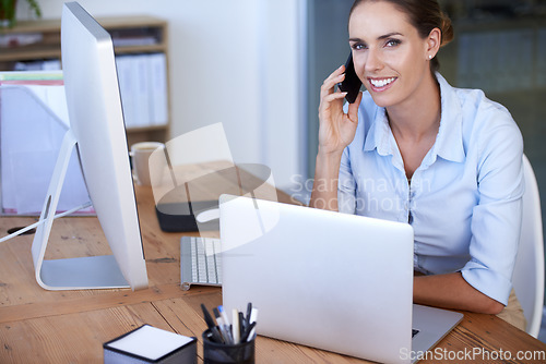 Image of Phone call, thinking and happy woman at laptop in office for networking, business discussion and information. Female worker, communication and mobile consulting at computer, contact or planning ideas