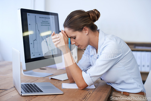 Image of Frustrated woman, computer and stress for office data, stock market crash and financial crisis review. Worried female trader at desk, pc and anxiety of bankruptcy risk, business debt and poor economy