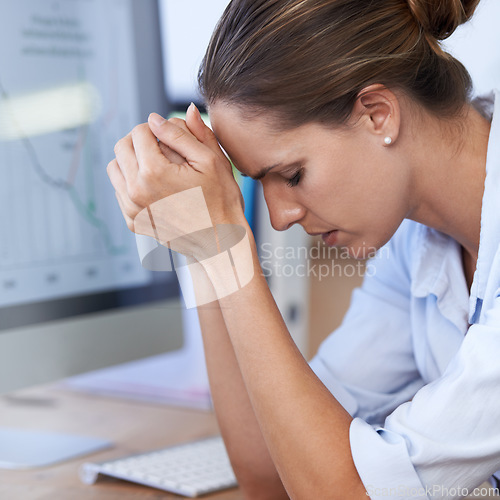Image of Frustrated woman, computer and stress in office for bankruptcy risk, stock market crash and financial crisis. Worried female worker with anxiety, business debt and depression for poor economy problem