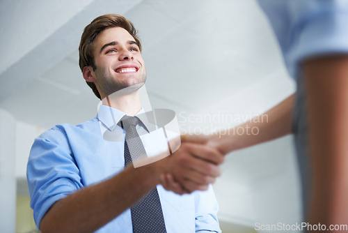 Image of Business man, handshake and happy deal for teamwork, thank you and sales agreement of partnership. Hiring, networking and shaking hands in collaboration, welcome and trust of recruitment opportunity