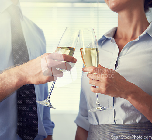 Image of Closeup of business people, champagne and toast for celebration, staff party and event. Hands of man, woman and employees cheers with wine, drinking alcohol and glass to celebrate winning teamwork