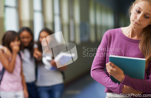 Image of Girl, depression and bullying with book has anxiety from problem with students at school with autism. Young, teenager and notebook sad at gossip by kids studying for an education with mental health.