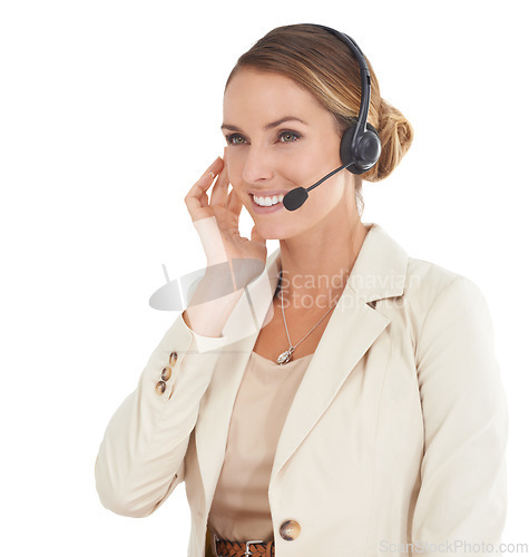 Image of Call center, smile and headset with woman in studio for communication, contact us and customer service. Digital, technology and connection with female employee isolated on white background for mockup