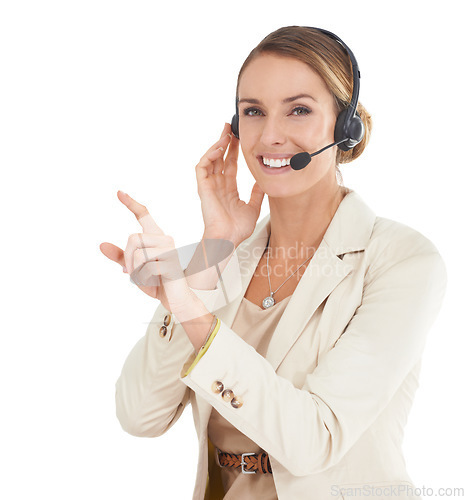 Image of Call center, pointing and portrait of woman in studio for communication, contact us or customer service. Digital, technology or connection with female employee isolated on white background for mockup