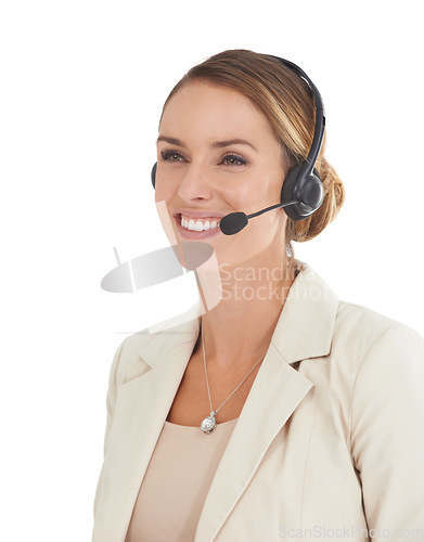 Image of Call center, smile and consulting with woman in studio for communication, contact us and customer service. Digital, technology and crm with female employee isolated on white background for mockup