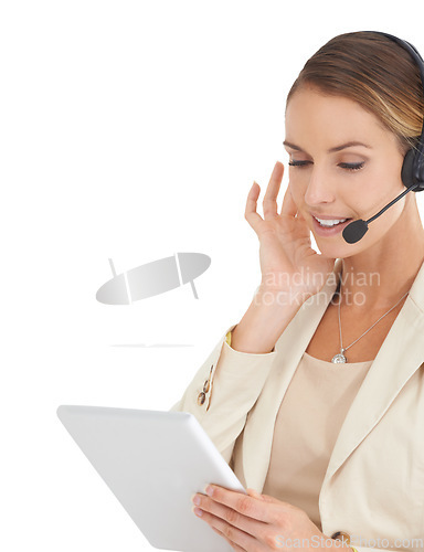 Image of Call center, consulting and tablet of woman in studio for communication, contact us or customer service. Digital, technology or connection with female employee isolated on white background for mockup