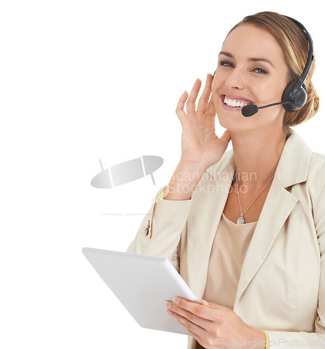 Image of Call center, tablet and smile with portrait of woman in studio for communication, contact us or customer service. Digital, technology and advisor with employee isolated on white background for mockup