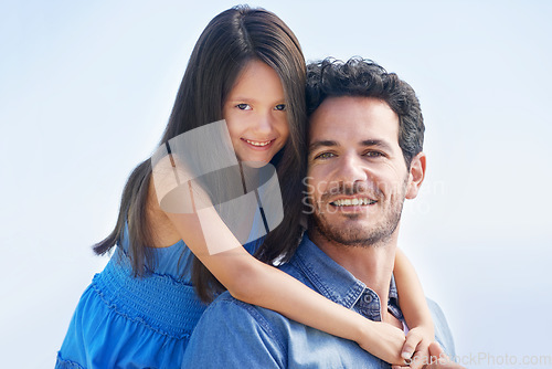 Image of Happy family father, sky and kid hug dad for fathers day, outdoor fun and spending quality time together. Happiness, youth smile and daughter care, bonding and hugging papa for piggyback ride