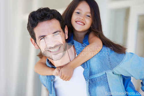 Image of Piggyback portrait, father and happy child hug dad for fathers day, fun and enjoy quality family time together. Happiness, parenthood and kid smile, bond and embrace papa for care, childhood and love
