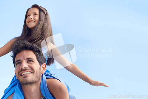 Image of Blue sky, piggyback and happy family dad, kid or people looking at mockup, nature holiday or outdoor view. Fun shoulder ride, freedom and child bonding with dad on travel, vacation or relax walk