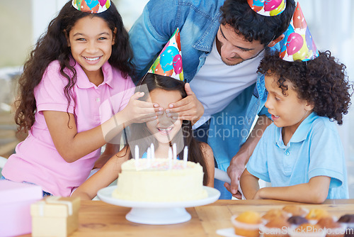 Image of Birthday cake surprise, party or happy children excited for special event, dessert food or celebration snack. Wow, happiness and family father, friends or kids together, having fun and celebrate girl