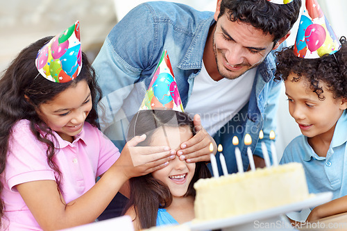 Image of Birthday party surprise, cake and happy family, children and celebrate special event with friends, kids and dessert food. Celebration, father and excited group smile for youth growth of young child