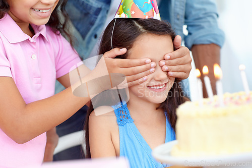 Image of Birthday party surprise, cake and happy children celebrate special event with friends, kids and dessert food. Wow celebration, childhood and excited smile for youth growth, young child or kid girl