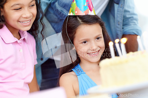 Image of Birthday cake, kids party celebration and happy children, friends or people celebrate childhood memory event. Congratulations, happiness and excited child smile for dessert, sweets or food