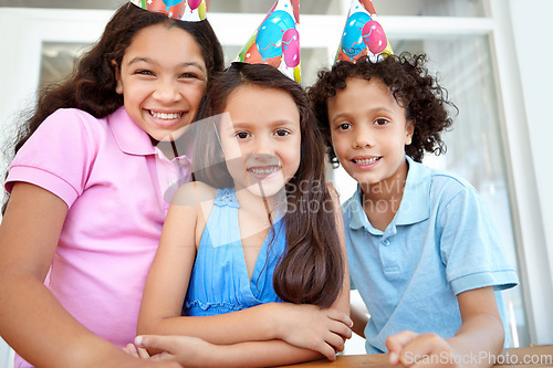 Image of Birthday party portrait, happy celebration and children smile for special events, childhood friends or kids celebrating. Excited, happiness and youth group, young child or kid at fun friendship event