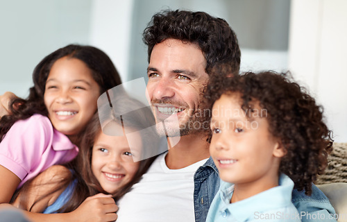 Image of Love, happy family father and children hug, relax and enjoy bonding quality time together with dad. Fathers day, looking and youth kids, parents or group of young siblings hugging papa on home sofa