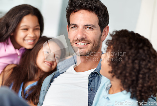 Image of Happy family love, dad portrait and kids bonding, relax and enjoy quality time together with father at home. Happiness, parenthood and youth children smile for fathers day with papa on lounge couch