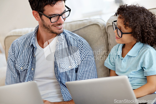 Image of Laptop, relax and happy family dad, kid or home people smile for e learning, care or father helping son with child development. Elearning, remote online education and man enjoy bonding time with kid