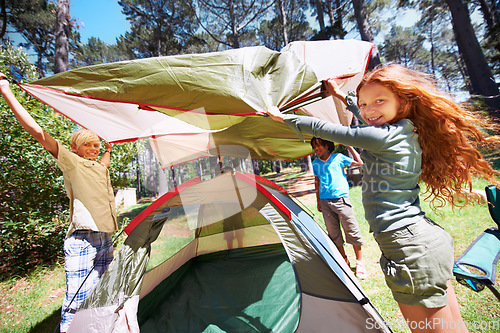 Image of Happy children, portrait and tent setup in camping forest for shelter, cover or insurance together on the grass in nature. Kids in teamwork setting up tents for camp adventure or holiday in the woods