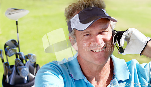 Image of Golfer man, phone and happy outdoor on call for communication on a golf course. Senior person portrait with smartphone at club to play a sports game on vacation or holiday in nature and retirement