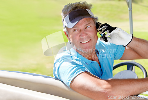 Image of Phone, man and happy golfer outdoor on a call for communication on a golf course. Senior person with smartphone and transport at club for a sports game on vacation or holiday in nature with mockup
