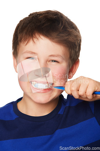 Image of Face, smile and kid brushing teeth in studio isolated on a white background. Portrait, boy and child with toothbrush for oral health, hygiene and dental wellness, fresh breath and cleaning gums.