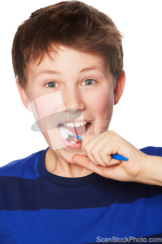 Image of Face, smile and child brushing teeth in studio isolated on a white background. Portrait, boy and kid with toothbrush for oral health, hygiene and dental wellness, fresh breath and cleaning gums.