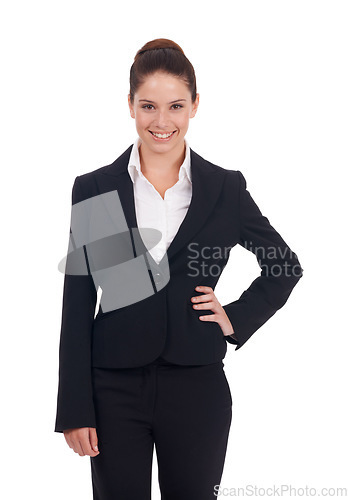 Image of Portrait, happy and business woman in studio confident, young and empowered on white background. Face, smile and female manager person posing with positivity, proud and professional while isolated