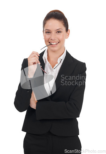 Image of Portrait, studio glasses and business woman with smile for corporate work, professional success or job career growth. Confidence, real estate agent and happy realtor isolated on white background