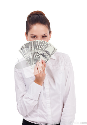 Image of Portrait, studio money and hidden woman with cash prize, dollar bills giveaway or job salary, income or revenue. Financial freedom success, winner and professional person isolated on white background