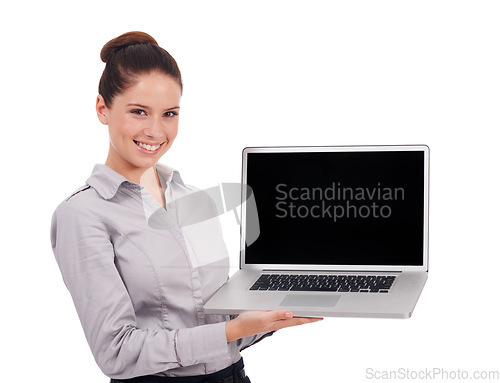 Image of Laptop screen, studio and happy portrait woman with corporate mock up for online advertising, branding or logo . Professional, smile and person with website presentation isolated on white background