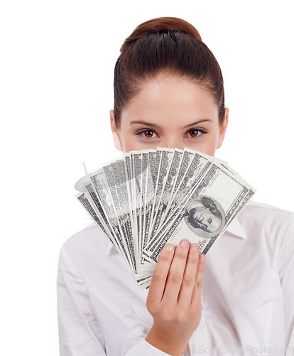 Image of Face portrait, money and hidden woman with lotto award win, dollar bills giveaway or studio investment, savings or revenue. Financial freedom success, winner and person isolated on white background