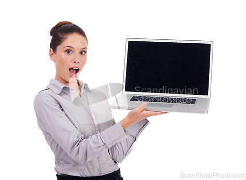 Image of Laptop screen, business surprise and portrait woman with studio mockup shock over online feedback notification. Wow news, OMG and female employee with promo presentation isolated on white background