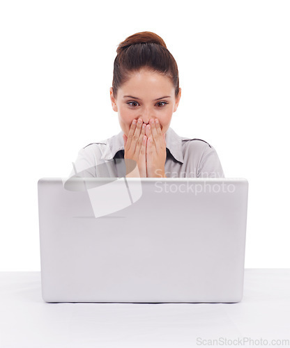 Image of Laptop, surprise and corporate woman reading business feedback notification, winner announcement or OMG news. Wow achievement, online info and shocked studio person isolated on white background
