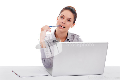 Image of Laptop, thinking and business woman with studio decision, brainstorming ideas and question problem solving plan. Planning, online research project and professional person isolated on white background