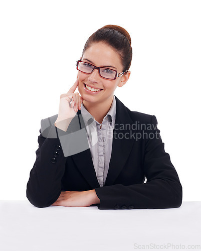 Image of Studio portrait, happiness and corporate woman, consultant or business agent smile for formal company vocation. Profile picture, happy worker and confident female person isolated on white background