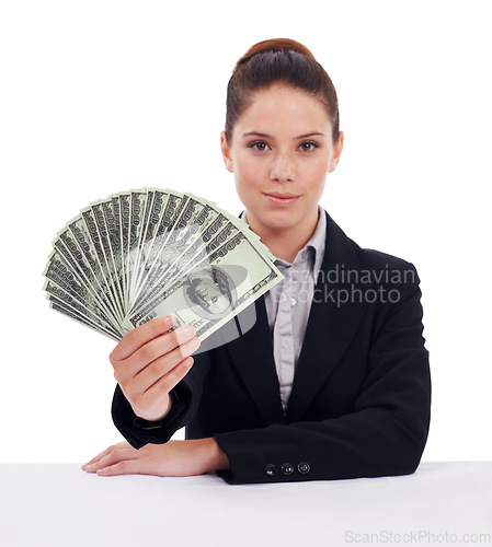 Image of Studio portrait, money and business woman with lotto award, dollar bills giveaway or cash investment, savings or income. Financial funding, prize giving winner and person isolated on white background