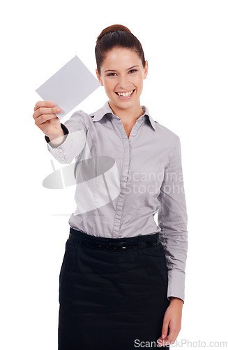 Image of Business card mockup, portrait and happy woman with studio promotion sign, contact information or advertising placard. Info presentation, branding promo space and person isolated on white background