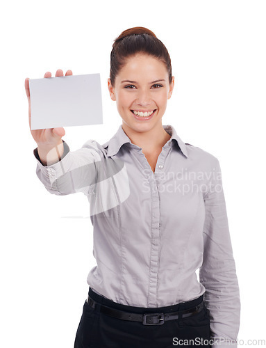 Image of Mockup, paper and portrait of woman in studio for idea, networking and idea. Corporate, signage and happy with female employee and business card on white background for news and presentation