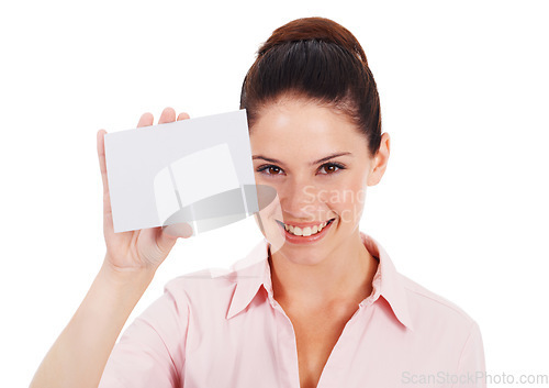 Image of Mockup, business card and smile with portrait of woman in studio for idea, brand and space. Corporate, signage and happy with female employee and paper on white background for news and presentation