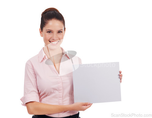 Image of Mockup, paper and poster with portrait of woman in studio for idea, promotion and show. Corporate, signage and happy with female employee and card on white background for news and presentation