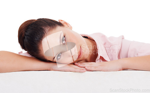 Image of Portrait, board and woman leaning in studio isolated on a white background. Face, mockup poster and female person with copy space, advertising placard and marketing, commercial promotion and branding