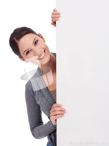 Image of Billboard mock up, portrait and happy woman peek at news banner, advertising signage space or commercial poster. Studio placard, sales discount mockup and female person isolated on white background