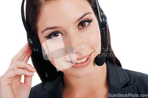 Image of Woman, studio headshot and smile for call center job for customer service, telemarketing or listening. Isolated girl, tech support and headphones with mic, consulting or happy crm by white background