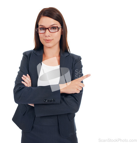 Image of Studio portrait, arms crossed and business woman point at mockup space, promotion info or sales notification. Branding, corporate presentation gesture and female brand ambassador on white background