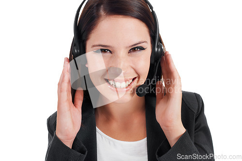 Image of Portrait, consultant and woman with telemarketing, customer service and employee isolated against white studio background. Face, female person or operator with a headset, tech support and call center